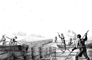 Hombres trabajando en la construcción de una presa o barrera de madera — Jacques Le Moyne de Morgues