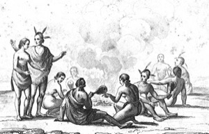 Reunión tribal alrededor de una hoguera con figuras indígenas — Jacques Le Moyne de Morgues