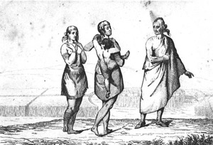Encuentro de tres figuras, dos mujeres y un hombre con un niño — Jacques Le Moyne de Morgues