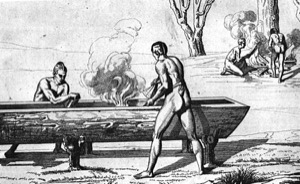 Bañeros aborígenes en tina de madera humeante — Jacques Le Moyne de Morgues