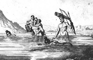 Nativos americanos cruzando un río con un guerrero observador — Jacques Le Moyne de Morgues