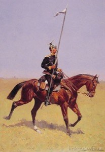 Soldado a caballo con lanza y bandera