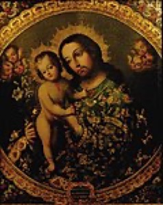 Virgen con el Niño en un marco ornamentado — Escuela Cuzqueña (anónimo)
