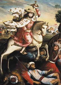 San Jorge y el Dragón: Pintura de Batalla Ecuestre — Santiago Matamoros Peruvian Colonial 18th