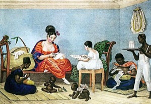 Escena doméstica con damas y sirvientes en interior — Uma Senhora Brasileira Em Seu