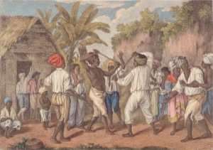 Escena de lucha o danza con bastones en entorno rural — West Indian Slaves Stick