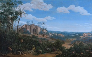 Paisaje tropical con ruinas y figura humana — Anónimo