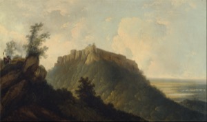 Paisaje montañoso con castillo en la cima