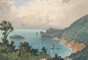 Bahía tropical con veleros y montañas — Michel Jean Cazabon
