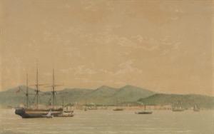 Puerto con barcos y montañas — Michel Jean Cazabon