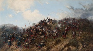 La pintura retrata una escena de batalla intensa con — Anónimo