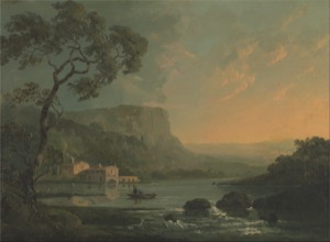 Paisaje al atardecer con río y casa