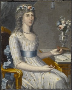 Este retrato de una joven con una corona de flores y un — Anónimo