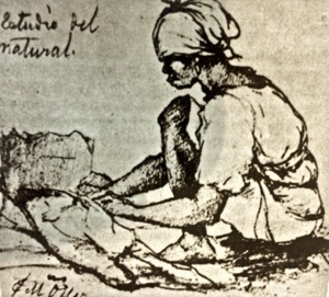 Mujer dibujando sentada en el suelo — Francisco Manuel Oller y Cestero