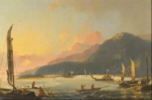 Paisaje fluvial al amanecer con barcos y figuras — William Hodges