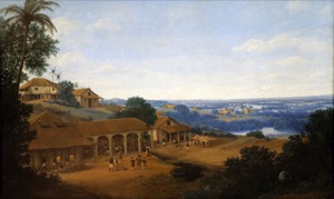Paisaje tropical con arquitectura vernácula y vista a la distancia — Frans Post