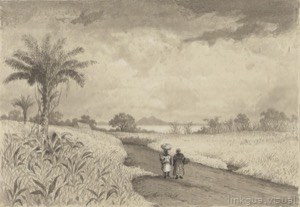 Dos figuras caminando por un camino rural bajo un cielo nublado