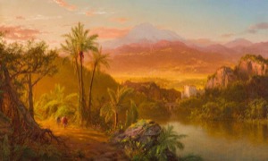 Paisaje Exótico con Palmeras y Montañas al Atardecer — Louis Remy Mignot