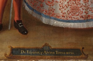 Detalle de retrato con inscripción "de Español, y Alvina Torna atras." — Anónimo (pintura de castas)