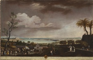Paisaje con figuras y ciudad portuaria al fondo — Anónimo