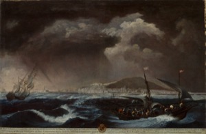 Tormenta en el mar con barcos y ciudad — Anónimo