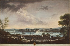Vista panorámica de un puerto con barcos y edificios — Anónimo
