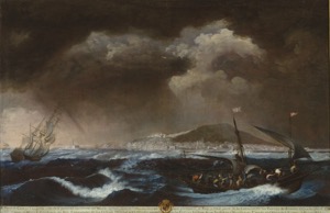 Barcos en mar tormentoso con costa al fondo — Willem van de Velde el Joven