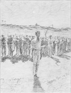 Un hombre frente a una multitud bajo un cielo nublado — Anónimo