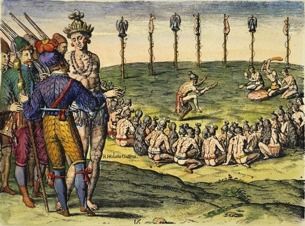 Ceremonia indígena con europeos observando — Jacques Le Moyne de Morgues