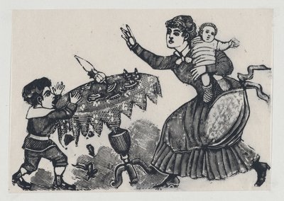 Un niño volcando una mesa, su madre corriendo a ayudar — José Guadalupe Posada