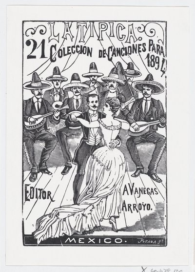 Una pareja bailando mientras una banda toca música de fondo, ilustración para 'la Típica', publicada por Antonio Vanegas — José Guadalupe Posada