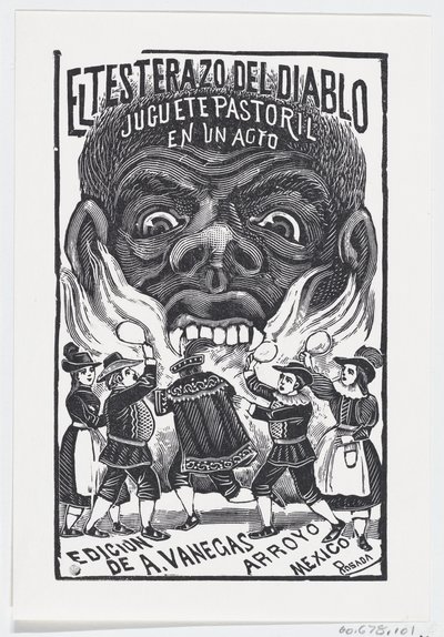 Un demonio escupiendo fuego y gente corriendo en primer plano, ilustración para 'el Testerazo del Diablo — José Guadalupe Posada