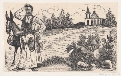 Un arriero y una mula de pie en un camino con una iglesia al fondo — José Guadalupe Posada