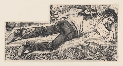 Un hombre ebrio con una botella a su lado en un campo — José Guadalupe Posada