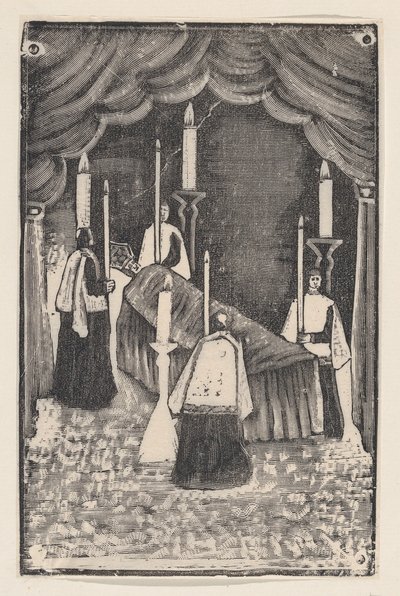 Un grupo de hombres sagrados sosteniendo velas alrededor de un féretro con un prelado — José Guadalupe Posada