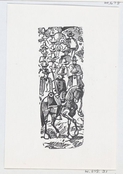 Un grupo de hombres siguiendo a un soldado a caballo con una espada — José Guadalupe Posada