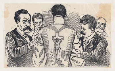 Un grupo de hombres observando la espalda de un hombre con una imagen de la Crucifixión — José Guadalupe Posada