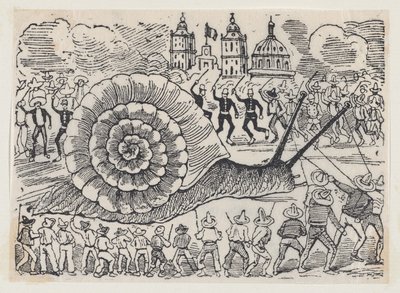 Un grupo de personas atacando un caracol gigante — José Guadalupe Posada