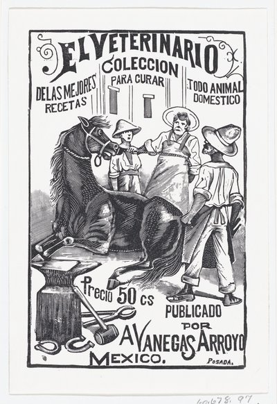 Un grupo de personas rodeando a un caballo, ilustración para 'el Veterinario (colección de las mejores recetas para cura — José Guadalupe Posada