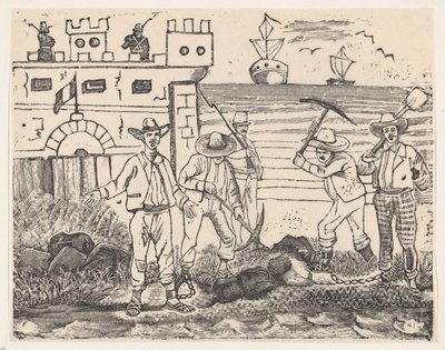 Un grupo de prisioneros realizando labores junto al mar — José Guadalupe Posada