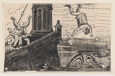 Un hombre arrojado a los tiburones, de una hoja suelta titulada 'Triste Fin de Gerardo Nevraumont — José Guadalupe Posada