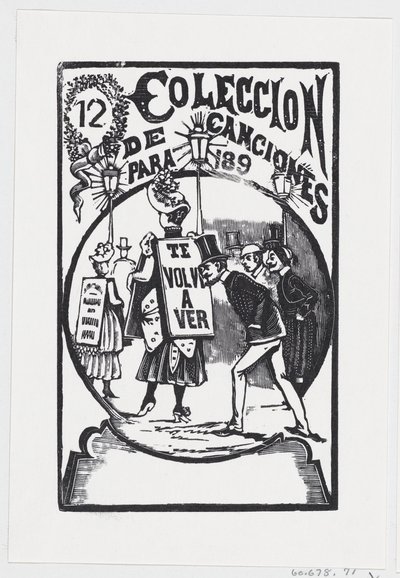 Un hombre inclinado para mirar a una mujer con un letrero en su espalda, ilustración para 'el Abanico — José Guadalupe Posada