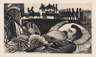 Un hombre yaciendo en su lecho de muerte con un cortejo fúnebre al fondo, de un pliego suelto titulado 'Llegada a la cap — José Guadalupe Posada