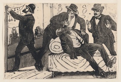 Un hombre apuñalando a otro hombre en el pecho mientras sus cómplices saquean una tienda, de una hoja volante titulada ' — José Guadalupe Posada