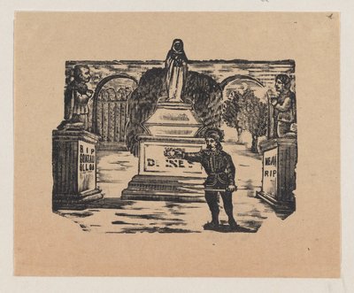 Un hombre de pie delante de tres monumentos — José Guadalupe Posada