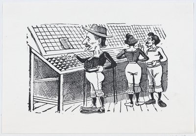 Un hombre con pantalones bombachos y un sombrero examinando la mercancía — José Guadalupe Posada