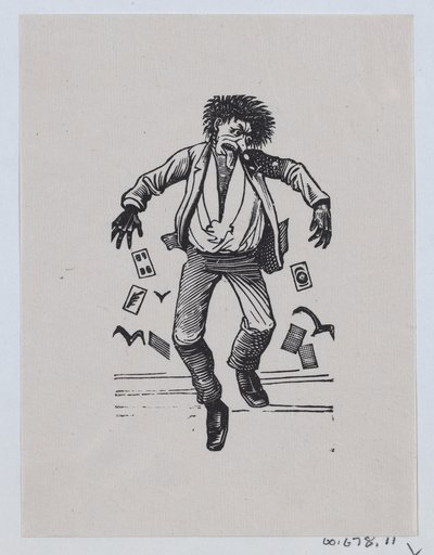 Un hombre con la lengua fuera saltando en el aire mientras las cartas caen de sus bolsillos — José Guadalupe Posada