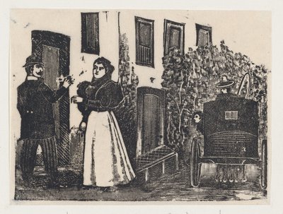 Una pareja de clase media delante de una casa con un carruaje a la espera — José Guadalupe Posada