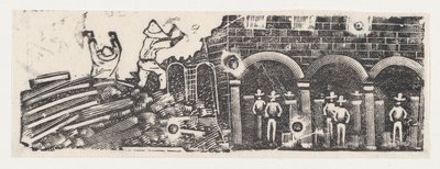 Un par de trabajadores sobre una pila de escombros y otros trabajadores observándolos — José Guadalupe Posada