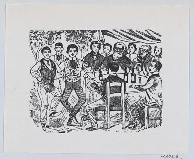 Dos jóvenes bailando ante una multitud de personas mayores — José Guadalupe Posada